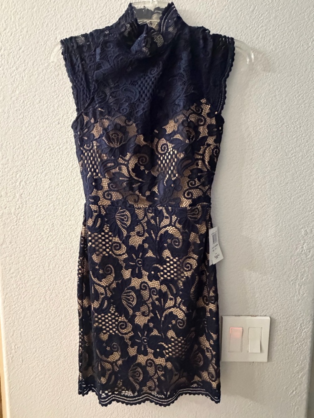 B Darlin Juiniors Navy Lace Midi Dress with Nude Underlay